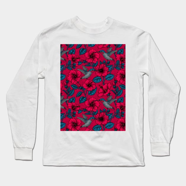 Red hibiscus and hummingbirds, tropical garden on red Long Sleeve T-Shirt by katerinamk